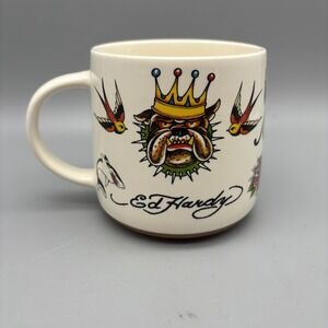 Ed Hardy Mug Tiger Bulldog All Over Tattoo Art Design Ceramic; NEW